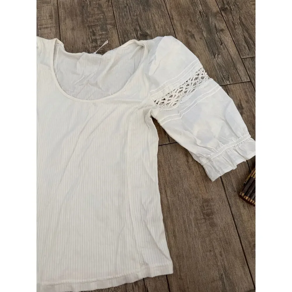 Free People Something Special Tee Size S Ivory Stretch Floral Lace Puff Sleeve
